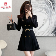 皮爾卡丹（pierre cardin）小個(gè)子赫本風(fēng)西裝連衣裙2025秋季新款氣質(zhì)黑色西服修身百褶裙1875 黑色 M 100-110斤