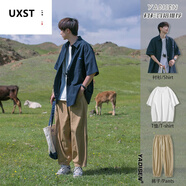 UXST日系cityboy藏青色襯衫男短袖外套少年感男生夏季穿搭青少年套裝 三件套(藏青色襯衫+白色T恤+卡其 M