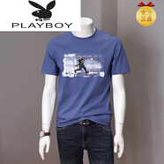 花花公子（PLAYBOY）夏季新款男士潮流短袖t恤衫商務休閑青圓領印花半袖上衣棉體恤 藍色 M