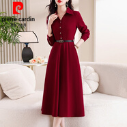 皮爾卡丹（pierre cardin）紅色連衣裙子女士春秋冬季2025年新款氣質(zhì)減齡顯瘦長(zhǎng)袖中長(zhǎng)裙針織 圖片色(腰帶)《女神范氣質(zhì)洋氣時(shí) (110-120斤) XL