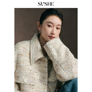 束皙/SUSHE 池雨 混色羊毛圈圈紗翻領寬松廓形短款夾克毛呢外套女 桂花燕麥 S