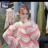 DALEY MODE彩虹條紋毛衣外套女秋冬季2025中長(cháng)款寬松拼色馬海毛針織衫女 白加粉（80-130） 均碼