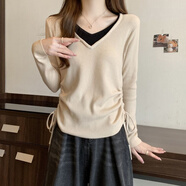 憶思減大碼女裝2025年春秋胖mm顯瘦設計感v領(lǐng)抽繩假兩件拼接針織衫百搭 杏色 2XL 建議(141-160斤)