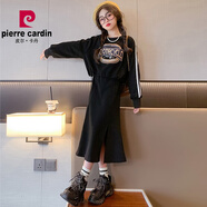 皮爾卡丹（pierre cardin）女童連衣裙春秋2025新款洋氣兒童裝春裝長袖女大童衛(wèi)衣裙子套裝潮 黑色 120 cm