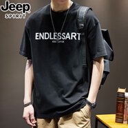 JEEP SPIRIT吉普短袖t恤男夏季重磅寬松大碼字母潮牌男裝上衣T恤印花半袖衣服 黑色 L 碼(120斤-135斤)