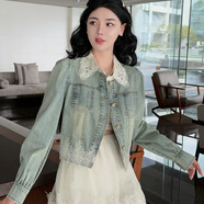 WEWE歐貨設計感翻領蕾絲拼接牛仔短外套女2025年春季新款顯瘦百搭上衣 圖片色【正品2958】 M 建議85-110斤
