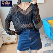 矜持范鏤空針織衫女薄款2025新款V領(lǐng)長(cháng)袖性感透視寬松冰衫套頭毛衣 黑色 適合80-140斤 均碼