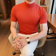 俞兆林（YUZHAOLIN）半高領(lǐng)短袖t恤男秋季感修身緊身純色中領(lǐng)休閑潮流百搭打底衫 桔紅色:半高領(lǐng) 5XL :180-195斤