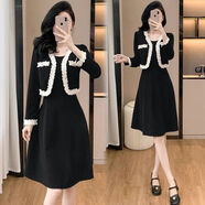 尚簡(jiǎn)紛韓版秋季新款木耳邊收腰顯瘦假兩件連衣裙潮女裝 黑色 XL (建議120到140斤)