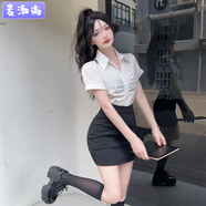 麥潮尚收腰性感襯衫短袖女士職業(yè)裝工作服套裝夏修身白襯衫包臀裙兩件套 白色襯衣 S