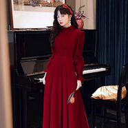 互柔跨晚明星同款晚禮服女高級(jí)輕奢敬酒服新娘酒紅色長(zhǎng)袖結(jié)婚晚禮服裙 長(zhǎng)袖中長(zhǎng)款 裙長(zhǎng)125cm M
