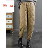 冪系保暖夾棉棉褲秋冬女褲冬季新款純色菱格拼接條絨松緊腰外穿褲子 卡其色 M 建議95-110斤