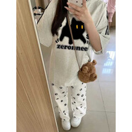 LXKP鹽系運動套裝女夏季韓版寬松短袖小狗爪印花闊腿褲學生休閑 金錢貓灰色T恤 XS