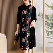 中年媽媽春裝洋氣旗袍連衣裙2025新款中老年女士春秋金絲絨長(cháng)裙子 黑底綠花 L (建議85-100斤)