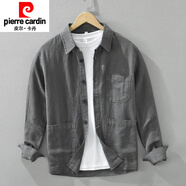 皮爾卡丹（pierre cardin）中式棉質(zhì)襯衫男工裝長(zhǎng)袖春夏季多口袋襯衣外套透氣苧麻布衣服針織 灰色 M