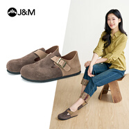 快樂瑪麗（J&M）勃肯鞋男女款2025春季新款時尚全包平底休閑通勤女鞋 咖啡色 【春夏款/革面單層】拼接 36 230mm