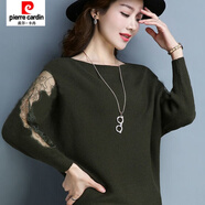 皮爾卡丹（pierre cardin）新款一字領(lǐng)針織蝙蝠衫女蕾絲袖時(shí)尚T恤潮搭顯瘦上衣春秋百搭 墨綠色 S