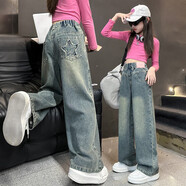 女童牛仔褲春秋2025新款兒童褲子青少年女孩大童直筒闊腿褲初中生 藍色 120