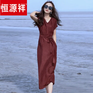 恒源祥輕奢連衣裙女裝2025夏季新款氣質時尚V領顯瘦感紅色裙子 紅色 3XL 140-160斤