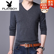 花花公子（PLAYBOY）品牌高端 羊毛針織衫男V領(lǐng)純色韓版毛衣男士雞心領(lǐng)長(zhǎng)袖薄款打底衫 深灰色 M 165/105(100-120斤)