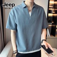 JEEP SPIRIT吉普 休閑t恤男夏季2025新款短袖冰絲涼感休閑寬松男士半袖體恤衫 湖藍(lán)色 2XL 【推薦141-160斤】