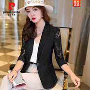 皮爾卡丹（pierre cardin）時(shí)尚顯瘦薄款小西裝外套女感2025夏季新款休閑小個(gè)子短款西服 2360-黑色蕾絲西裝  S