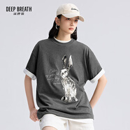 深呼吸DEEP BREATH女裝新款植絨動物字母寬松純棉短袖T恤上衣女A301785 花深灰 XL (5碼)