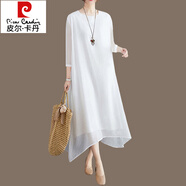 皮爾卡丹（pierre cardin）2025夏季女裝新款中年媽媽胖mm裙子春秋寬松大碼白色雪紡連衣裙夏 白色(圓領(lǐng))七分袖 2XL 約176-190斤