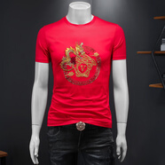閃爆絲光棉短袖t恤男圓領(lǐng)修身刺繡半袖小衫夏季透氣吸汗半截袖體恤衫 TX207紅色 L
