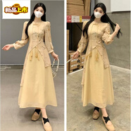 初徑胖妹妹中式國(guó)風(fēng)禪意改良旗袍連衣裙春秋裝大碼女裝胖mm顯瘦長(zhǎng)裙子 黃色 S 86-96