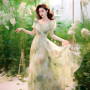 源夫人2025新款法式海邊仙女裙感赫本風(fēng)收腰綠色短袖印花連衣裙女夏 綠色 L 建議100-110斤