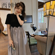 西嬋悅輕奢粉色連衣裙女夏季新款拼接甜美減齡法式收腰顯瘦裙子 灰拼黑 胸部大彈力 S (115斤內)