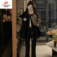 范哲狼棒球服外套女2025春秋新款美式復古寬松小個(gè)子百搭外穿夾克上衣 黑色春秋款 【好品質(zhì)常規內襯】 M 95-110