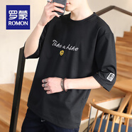 羅蒙（ROMON）七分袖t恤男士短袖夏季韓版潮流中袖寬松五分半袖體恤上衣服 黑色705 XL