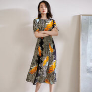 米思陽(yáng)（missshine）2024秋季新款時(shí)尚真絲雙縐印花連衣裙桑蠶絲高腰大擺裙0751 黑色 L