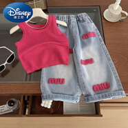 迪士尼（Disney）女童夏季套裝2025新款韓版女寶針織吊帶背心牛仔褲兩件套兒童夏款 粉紅色針織上衣+牛仔褲套裝 90