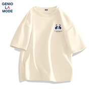 GENIOLAMODEt恤男純棉透氣夏季休閑時尚簡約印花百搭短袖男生衣服 淺米 S