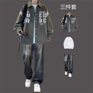 安初夏拼色夾克外套男士春秋休閑套裝寬松翻領(lǐng)襯衫搭配牛仔褲帥氣三件套 襯衫綠+長白T+牛仔褲復(fù)古藍【三 XL 高質(zhì)量 建議120-140斤