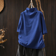 璇醇高領(lǐng)短袖女純棉寬松版氣質(zhì)時(shí)尚洋氣休閑韓版上衣夏季百搭五分袖 深藍色[純色] XL 建議100-120斤