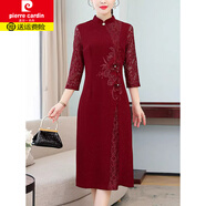 皮爾卡丹（pierre cardin）喜婆婆婚宴裝2025春裝新款媽I媽禮服平時(shí)可穿紅色旗袍裙子針織 酒紅色 2XL 【125-135斤】