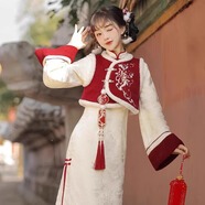 漢虞葵原創(chuàng)漢服新中式女拜年服套裝改良加厚加絨中長款毛呢連帽斗篷大衣 新年戰(zhàn)袍    比甲+旗袍（2件套） M