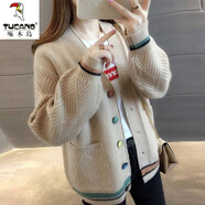 啄木鳥(niǎo)燈籠袖羊·毛針織開(kāi)衫女秋冬加厚韓版寬松口袋針織衫毛線(xiàn)衣外套上 彩扣卡其 M