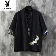 花花公子（PLAYBOY）刺繡亞麻短袖t恤男夏季薄款寬松潮牌大碼唐裝中國風(fēng)棉麻盤扣體恤 黑色 M