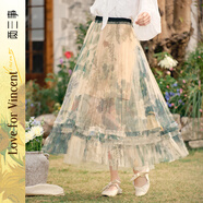 兩三事梵高文藝 花影入墨 2025春季新款甜美印花透視網(wǎng)紗半身裙 花色 S