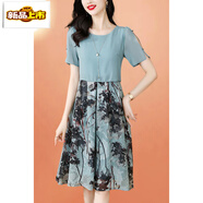 初徑假兩件連衣裙女夏季新款中年媽媽裝遮肉顯瘦時(shí)尚拼接印花雪紡裙子 藍色 M 【85-100斤】