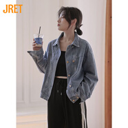 Jret藍(lán)色POLO領(lǐng)牛仔外套女2024春秋季新款寬松韓版雙排扣短款上衣夾克 牛仔藍(lán) XL