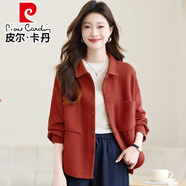 皮爾卡丹（pierre cardin）中年媽媽休閑時(shí)尚短外套女春秋裝小個(gè)子大碼胖MM寬松翻領(lǐng)減齡襯衫 桔色 M