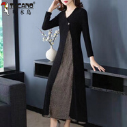 啄木鳥(niǎo)（TUCANO）氣質(zhì)高端假兩件修身收腰顯瘦大碼連衣裙秋季新款旗袍長(cháng)袖開(kāi)叉長(cháng)裙 黑色(紐扣款) 2XL 建議(125斤-135斤)