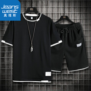 真維斯（Jeanswest）運(yùn)動(dòng)套裝男半袖短褲套裝休閑兩件套青少年寬松夏季套裝男裝透氣 B605-2130+K201黑色套裝 XL （125斤-135斤）
