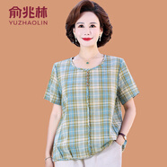 俞兆林媽媽夏裝好棉套裝洋氣格子襯衫中年中老年女裝短袖全棉上衣兩件套 382藍(lán)色格單件上衣 2XL  (參考105-120斤)